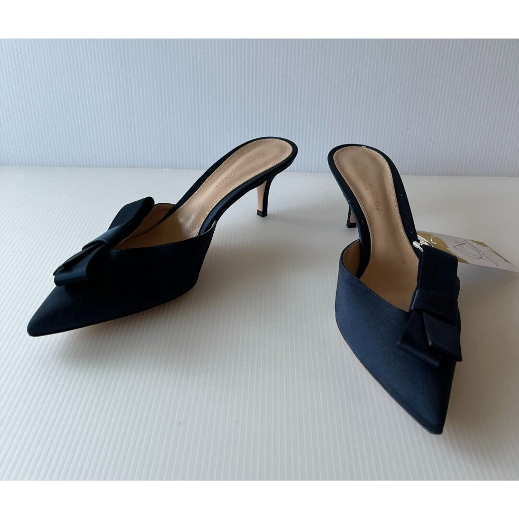 Gianvito Rossi Navy Blue Satin Pointed Toe Slides W/ Bow, Sz 10.5 (Us) 40.5 (It)